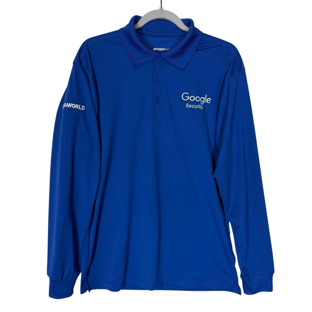Sport-Tek Polo Shirt Mens Small Blue Google Security GardaWorld Long Sleeve Logo